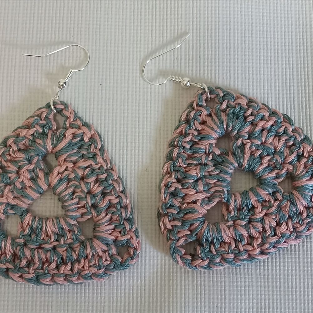 Handmade Crochet Blue and Pink Triangle Shaped Lightweight Dangle Style Earrings - Picture 6 of 11